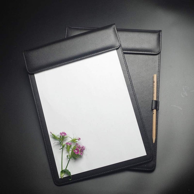 WELLYUK 4.7" X 7.5" PU Leather Clipboard, A6 File Clip Document Organizer Writing Pad Office Business Card Holder, Magnetic Conference Pad with Pen Holder, Black - Image 3